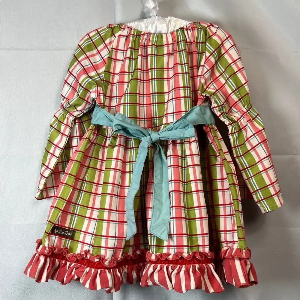 Matilda Jane Secret Fields green and pink plaid peasant top teal sash size 4